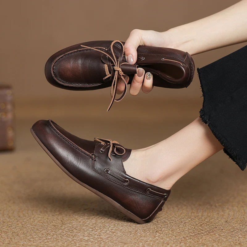 

2025 New Spring Genuine Leather Women Shoes Round Toe Women Flats Shoes for Women Retro Lace Up Loafers Fashion Ladies Shoes