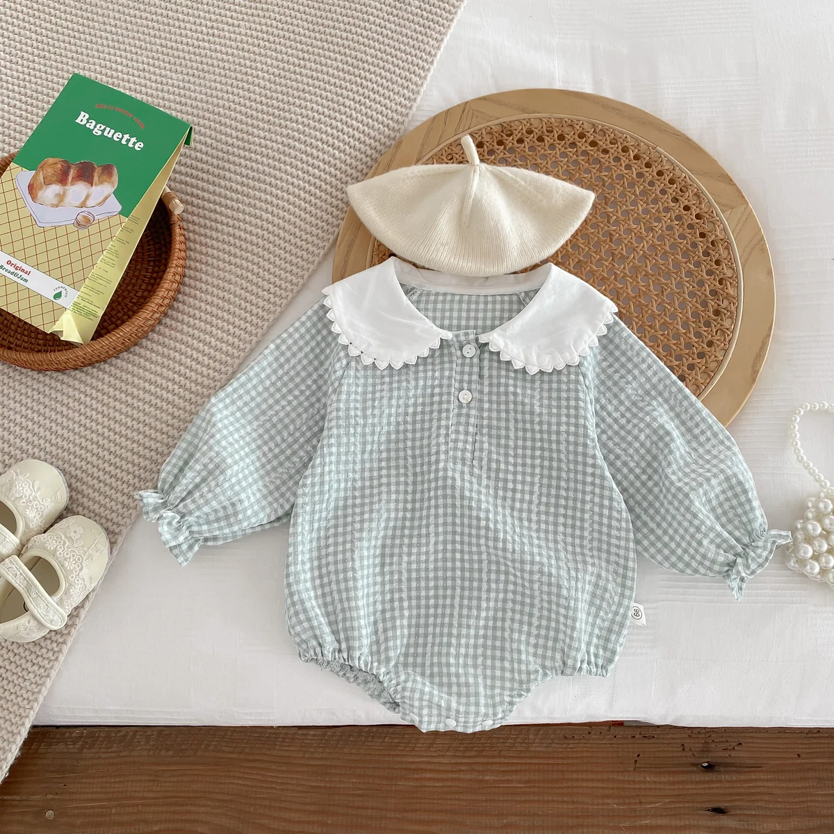 Ready Stock Newborn Jumpsuit Baby Girls Peter Pan Collar Drawstring Long Sleeves Elegant Check Romper 0-2yrs