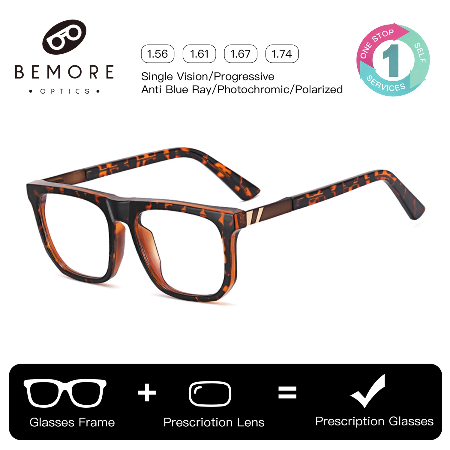 BEMORE Fashion Square Progressive Prescription Glasses for Men Anti Blue Light/Photochromic Optical Eyeglasses