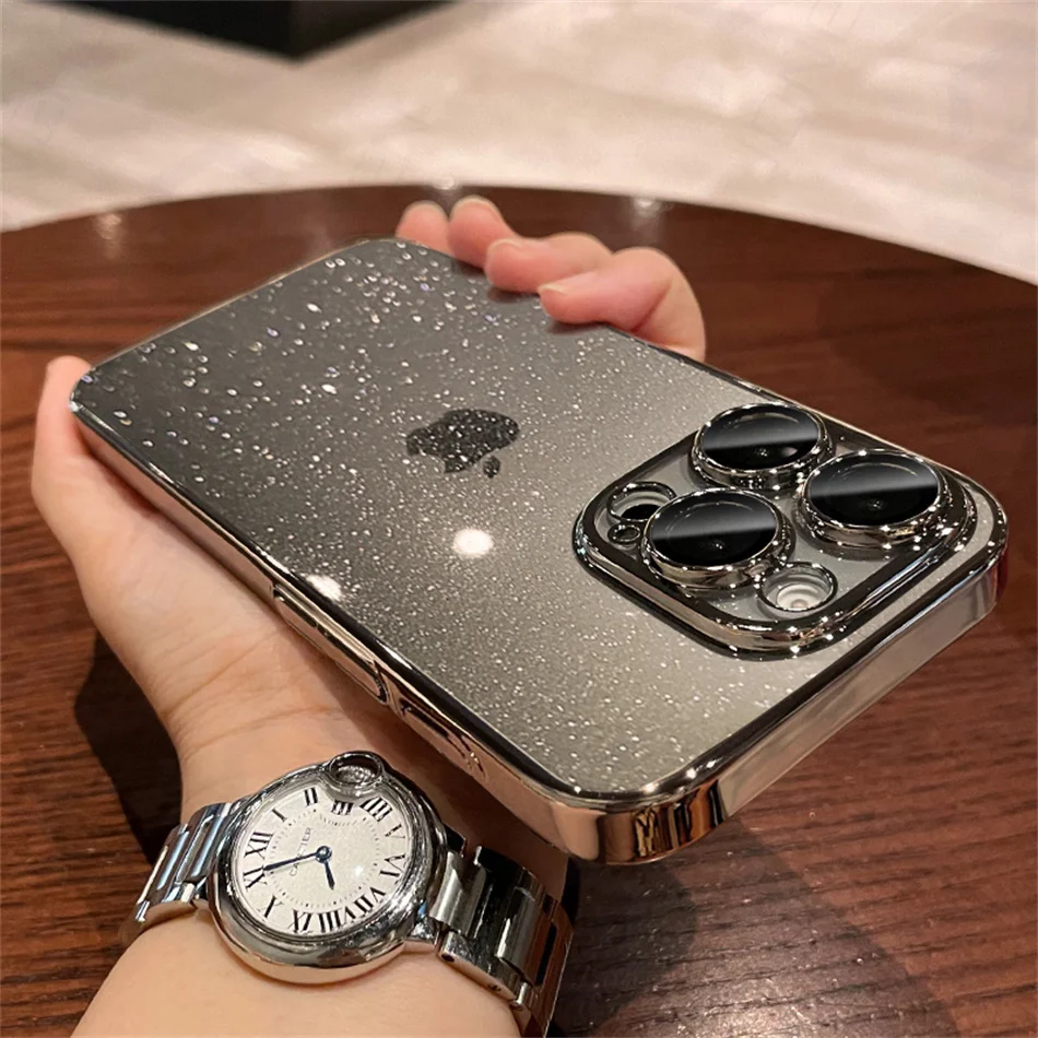 حافظة رفيعة شفافة لامعة فاخرة لهاتف آيفون 12 13 14 Plus 15 16 17 Pro Max 17p مطلية بالذهب غطاء صلب للكمبيوتر الشخصي