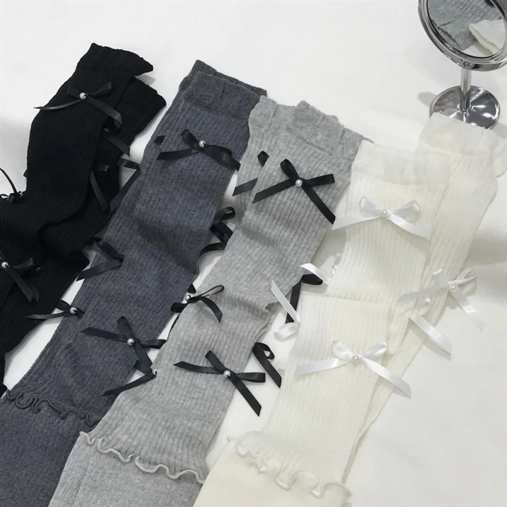 

Comfortable Lolita JK Calf Socks Cotton Solid Color Knee High Socks Japanese Style Breathable Bow Long Socks Lady Girls