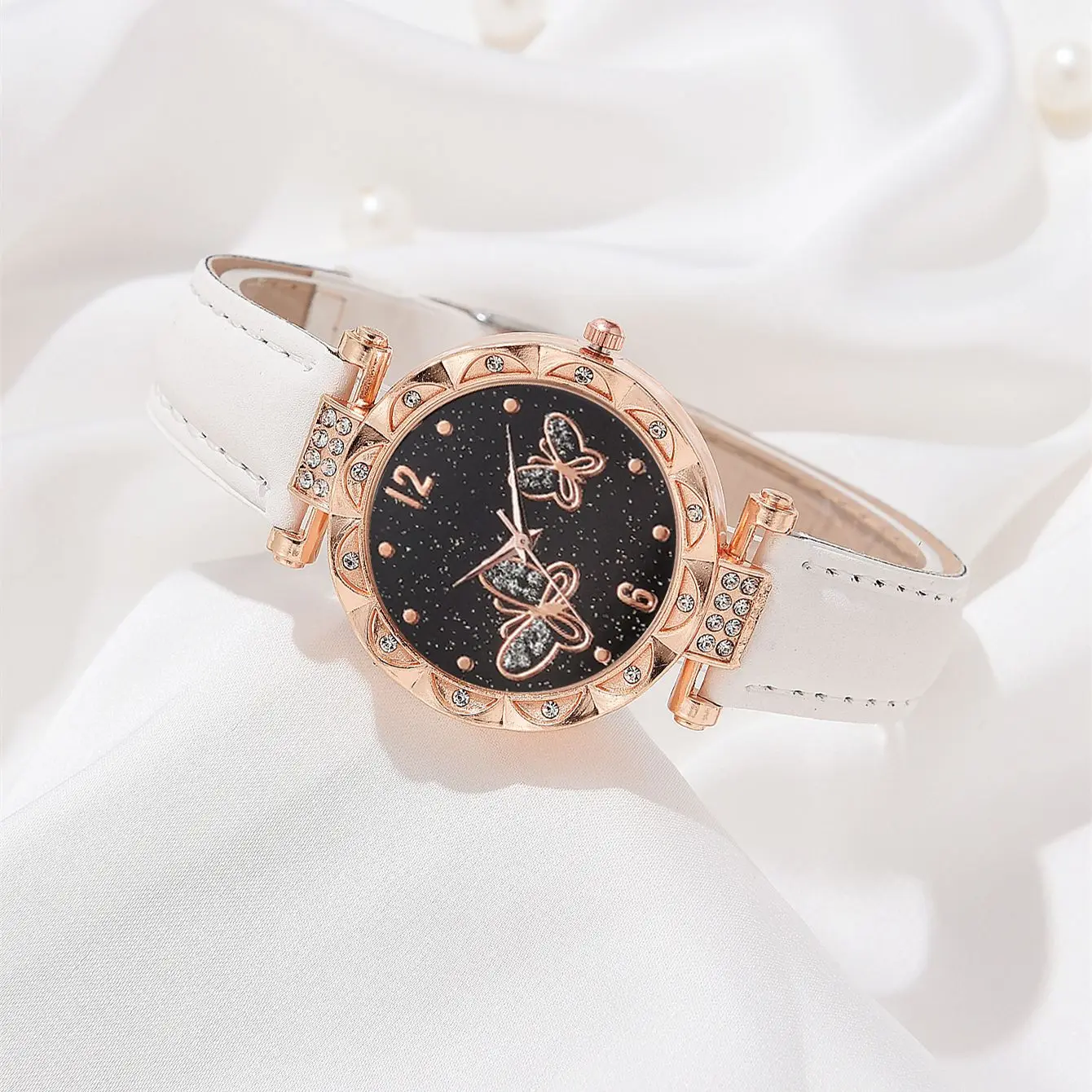 Female Clock Butterfly Dial Watches for Women 5pcs Set Women Quartz Watch Luxury Brand Design Simple Ladies Wristwatch Earrings