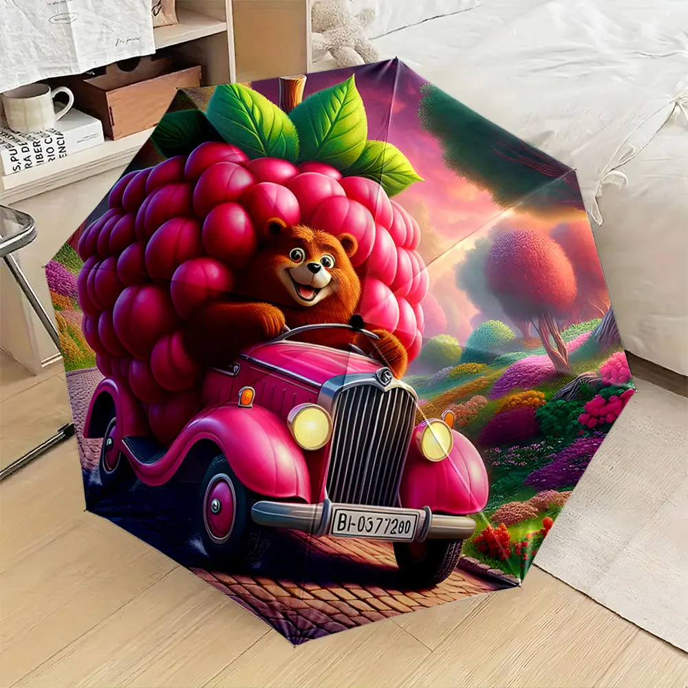 1PC Berry-themed umbrella with cheerful bear driving a car Print 8 Iron Ribs Folding Umbrella Auto-Open Fashion Sunshade
