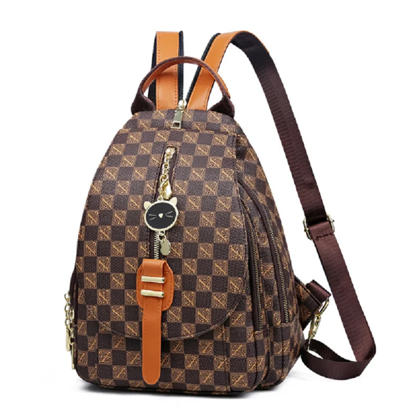 

New Fashion Luxury Designer Leather Backpacks Women's Vintage Plaid Shoulder Bags Large Capacity Travel Rucksack Totes Schoolbag