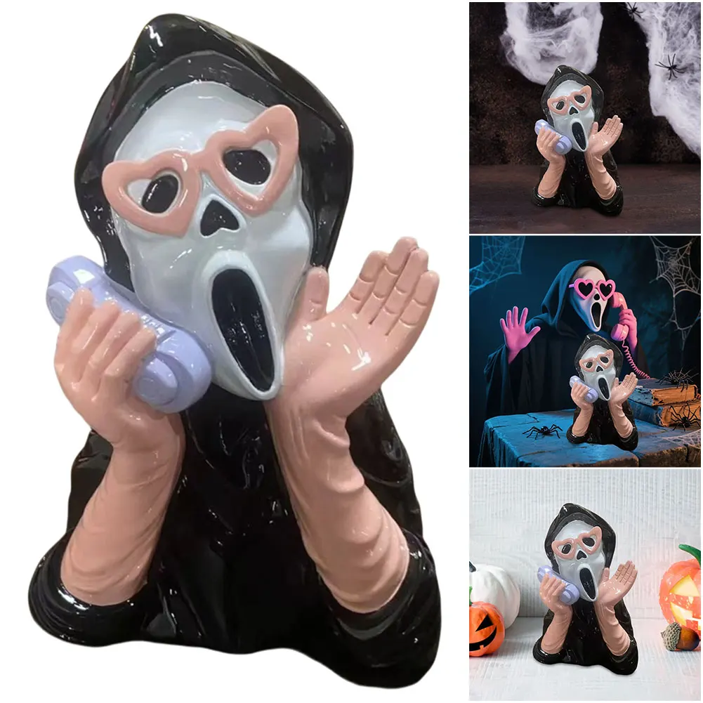 クリエイティブなハロウィン樹脂製オーナメント、叫ぶ女の子の電話の幽霊像デコレーション、ハロウィンパーティーやゲームルームの装飾小物