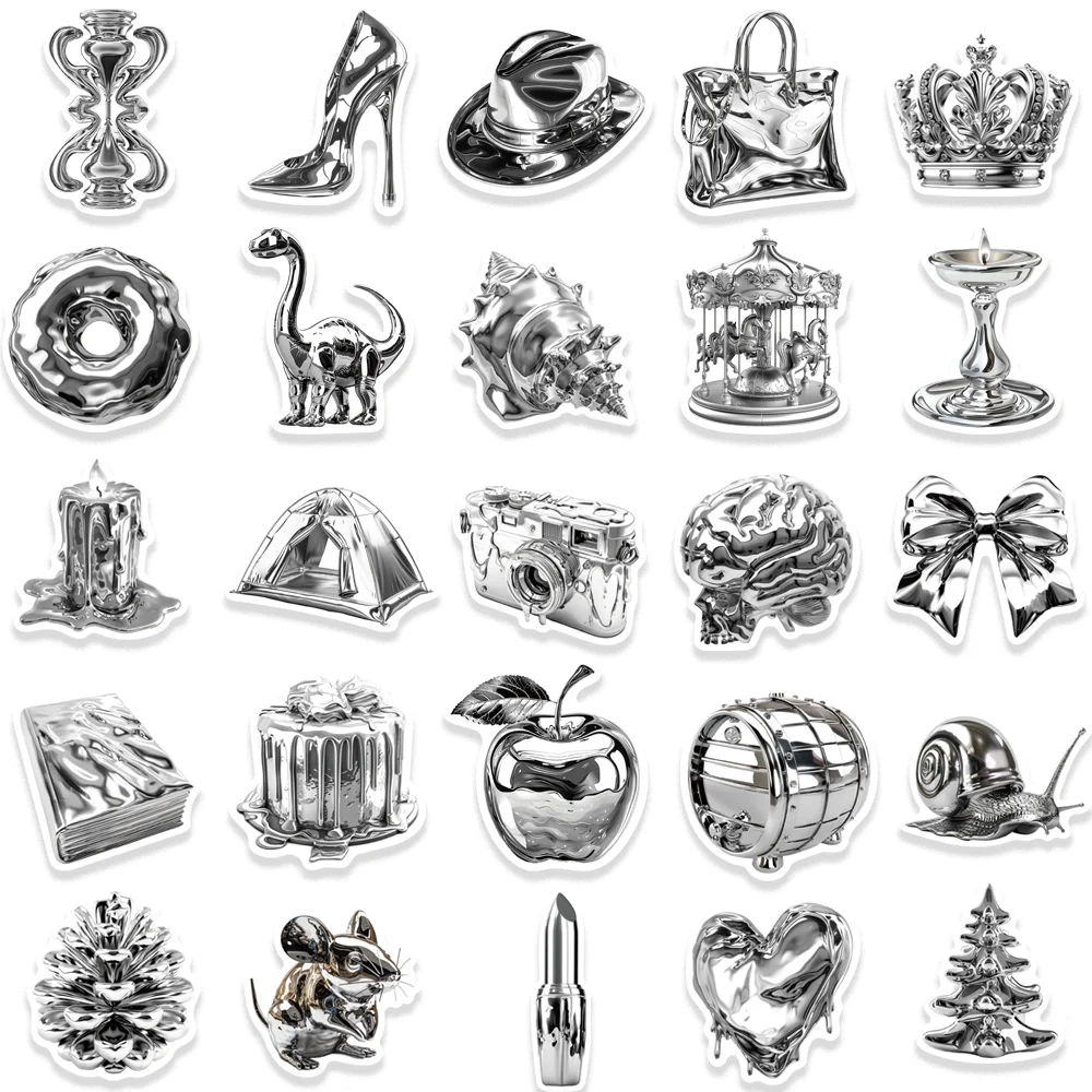 50 Stuks Cool Zilver Kleine Dingen Sticker Decoratie Skateboard Telefoon Laptop Plakboek Motorfiets Helm Esthetische Waterdichte Sticker