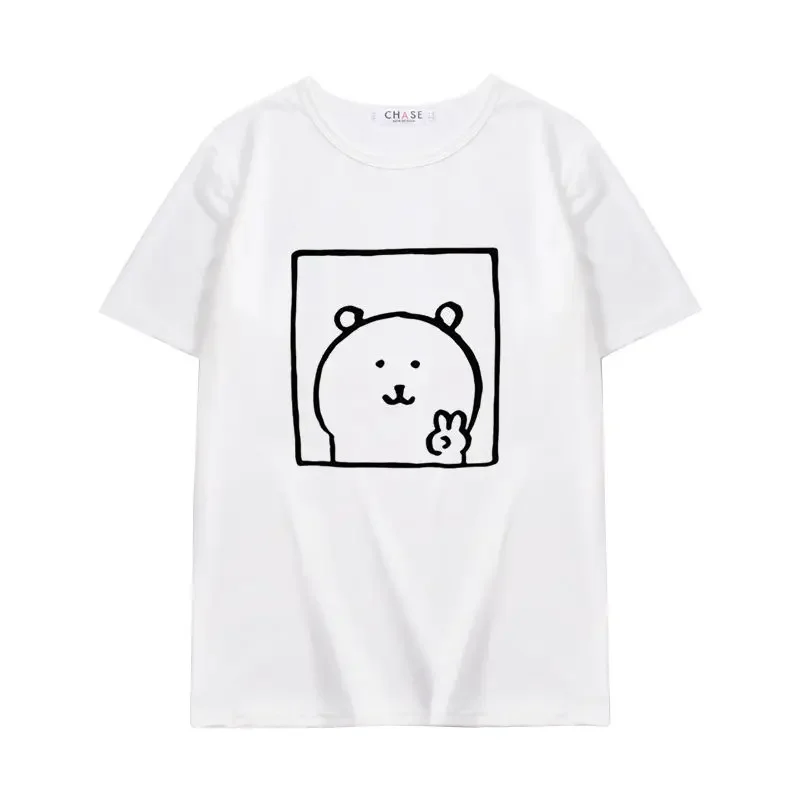

Белая футболка Chase с милым медведем и знаком Победы, графический черный контур, мультяшный принт, мягкая хлопковая футболка с круглым вырезом, кавайный дизайн с животным