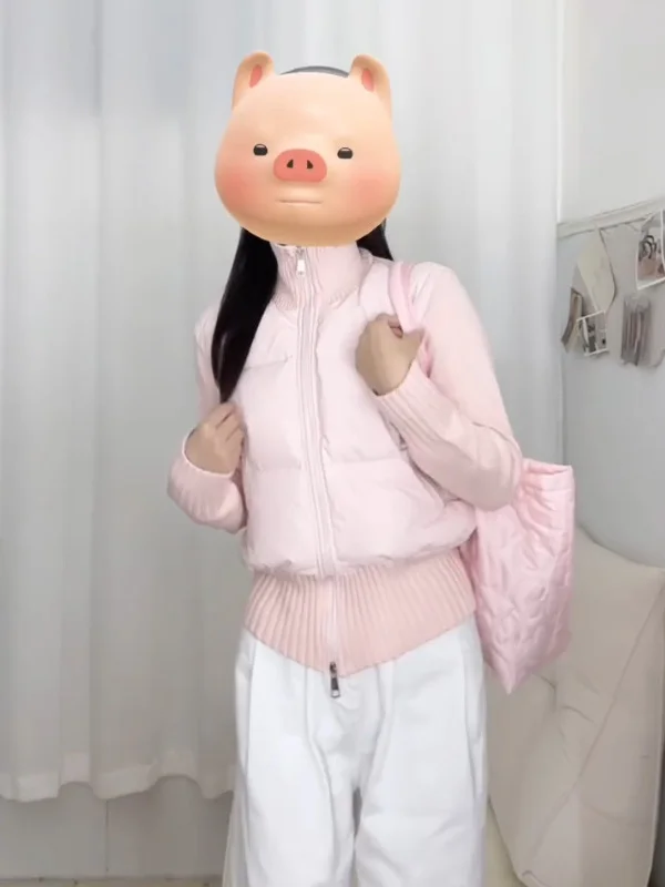 

Модная розовая вязаная куртка в стиле пэчворк из хлопка для женщин, повседневная верхняя одежда, трендовая модель для студенток, маленький размер