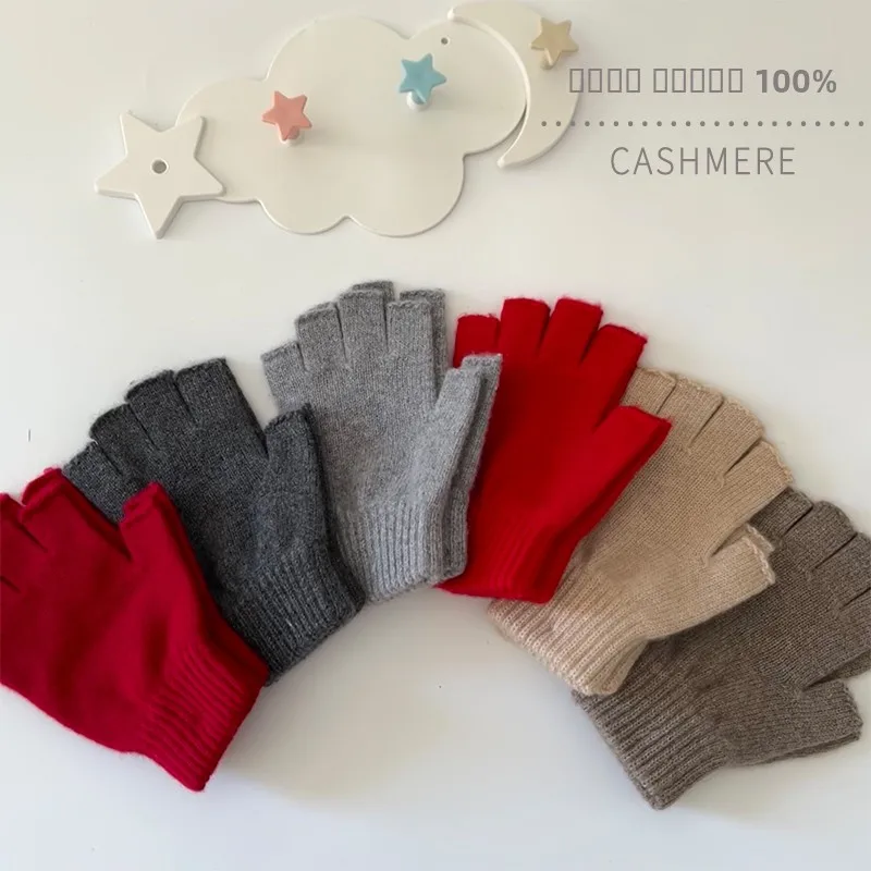 厚手のハーフフィンガーグローブ、純カシミヤ製、タッチスクリーン対応、指先露出、暖かいオフィス用、携帯電話用、ゲーム用グローブ