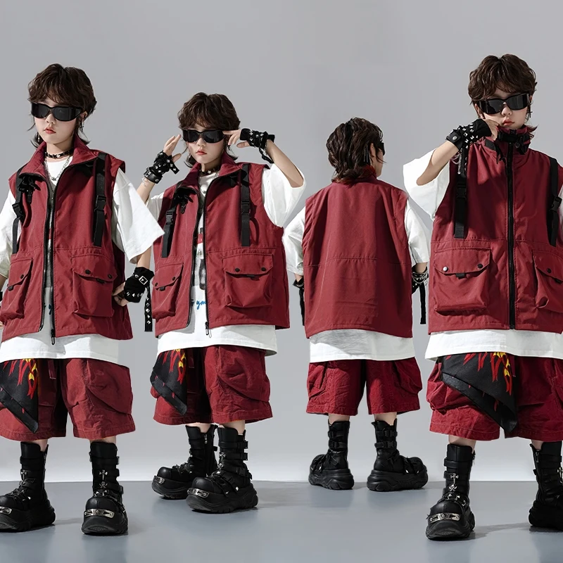 

New Summer Dance Suit Boys Hip-hop Clothes Street Jazz Dance Costumes Red Suit Top Shorts Stage Outfit Catwalk Wear DQL11007