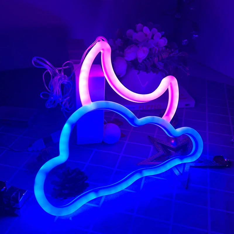 Lua e nuvem luzes de sinal de néon conduziu a lâmpada de parede para o quarto, decoração da parede, sala de estar do quarto do miúdo festa de casamento barra natal casa