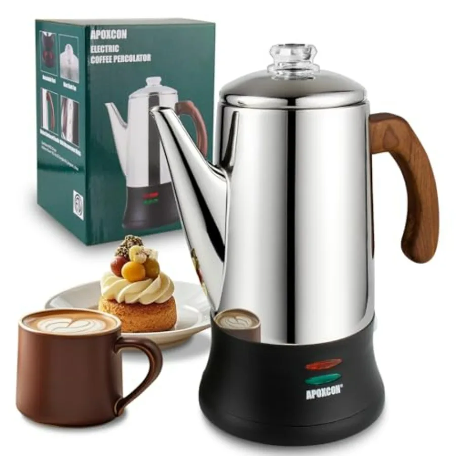 

Electric Coffee Percolator Stainless Steel Coffee Pot 8 Cup with Clear Glass Brew Progress Knob Treated Solid Wood Handle On/OF
