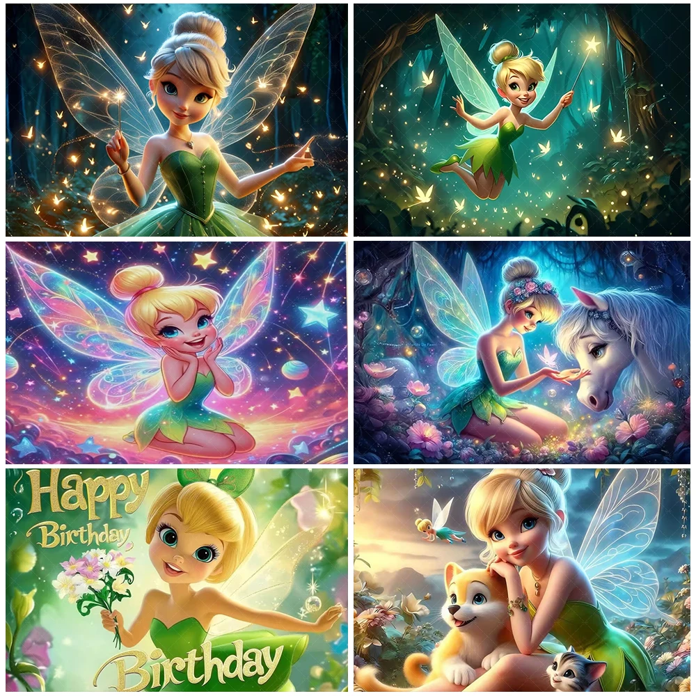 

Disney Tinker Bell Peter Pan Girl Birthday Party Decoration Cartoon Elf Backdrop Kid Photography Background Baby Shower Supplies