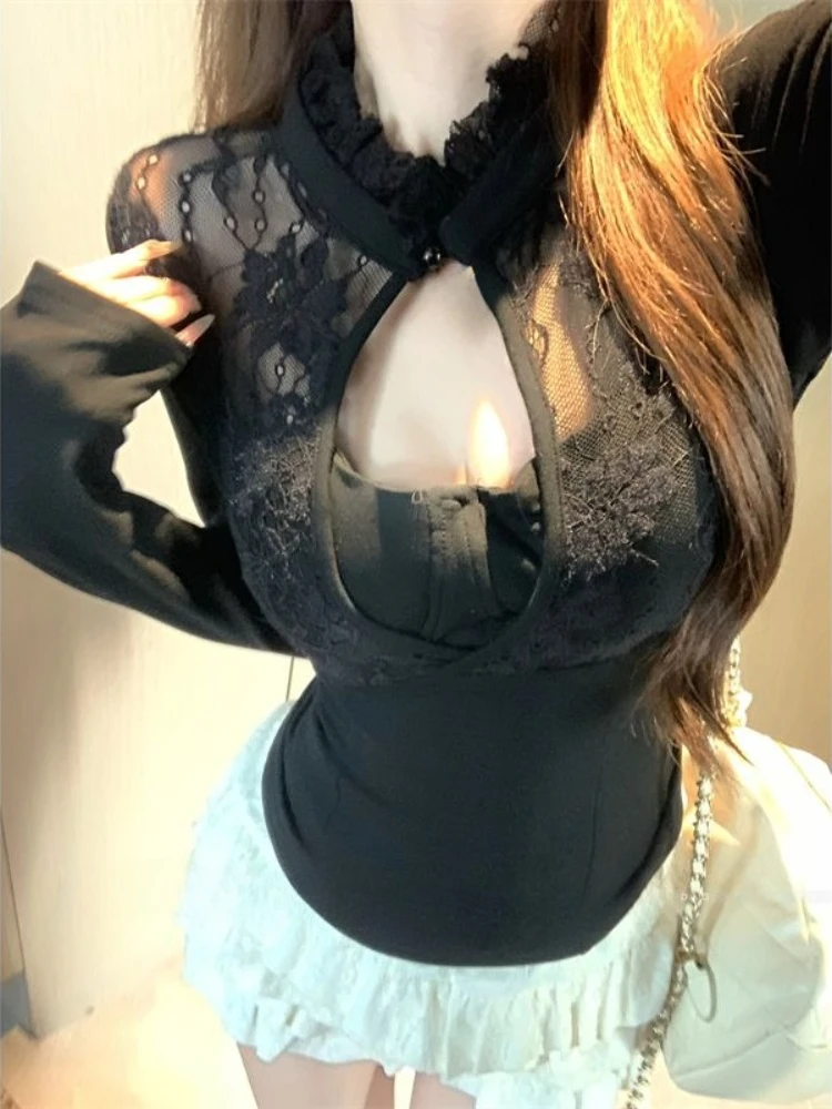 

French Elegant Lace Patchwork Fake Two-Piece Long Sleeve T-Shirt Women Autumn Slim Fit Waist Solid Pink Sexy Fitted Base Top New