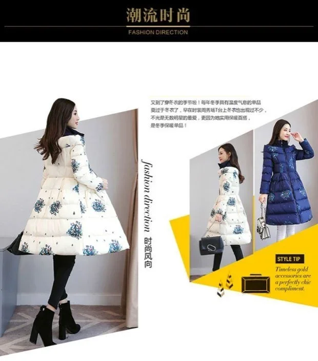 Cotton Jacket Women's Medium Long 2026 Winter New Korean Version Slim Print Thick Cotton Cloak Jacket Female Warm Parka Overcoat