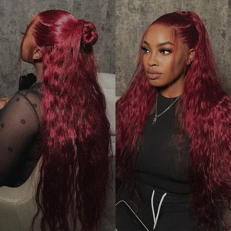 Perruque Lace Front Wig sans colle bouclée Deep Wave pour femme, cheveux humains, couleur rouge bordeaux, 13x4, 13x6