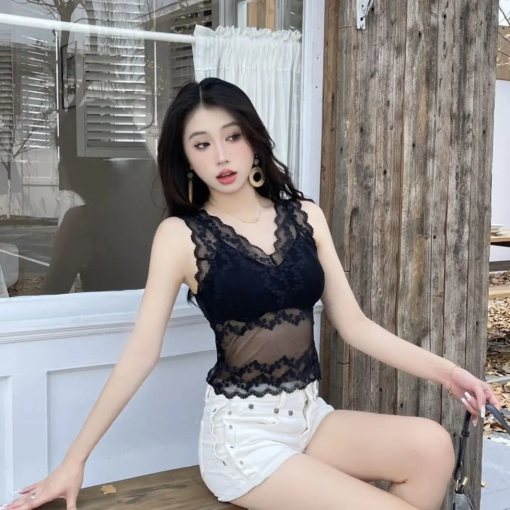 Mesh Transparent Lace Deep-v Camisole Thin Slim Fit Lace Crop Tops Undershirt Sleeveless Suspender Vest with Pads Spring Summer