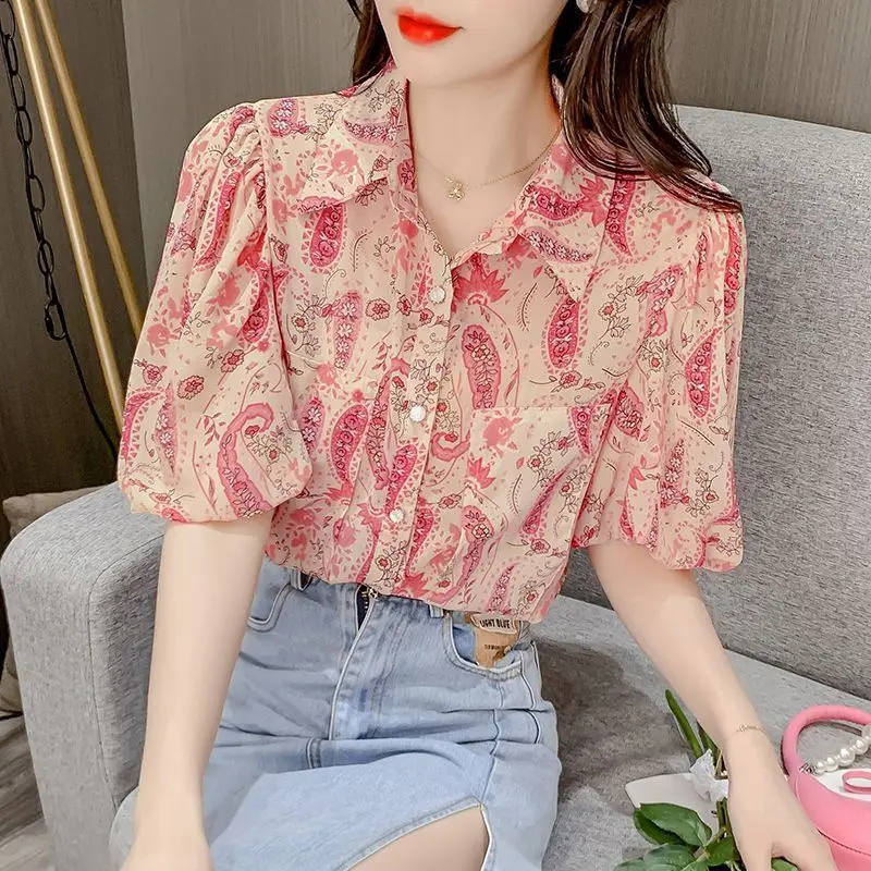 Summer Woman Clothes French Romantic Fashion Style Chiffon Shirt Top Polo-neck Puff Sleeve Floral Chic Elegant Popularity Casual