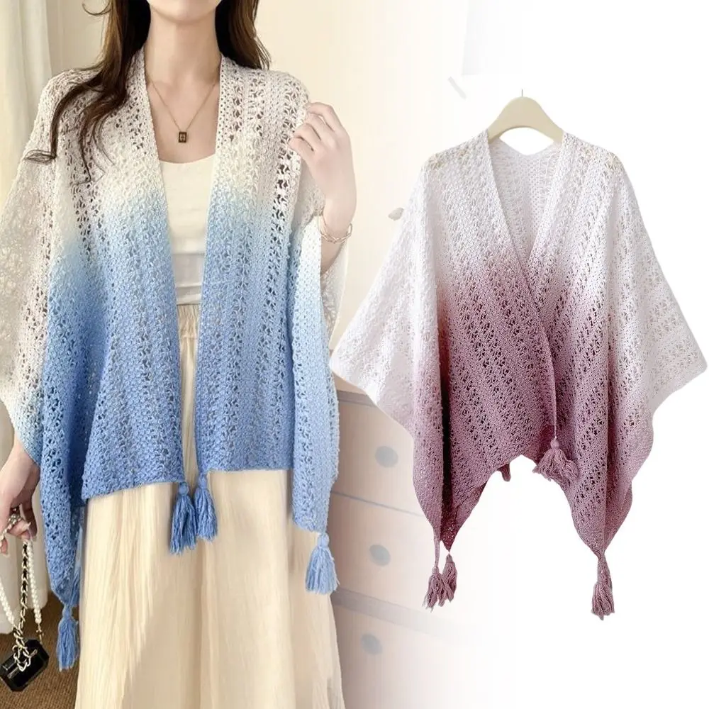 

Gradient Color Knitted Hollow Out Shawl Tie Dye Ethnic Style Cardigan Tassel Shawl Versatile Bohemian Mongolian Poncho