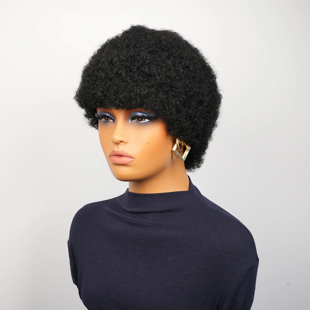 Peruki z ludzkich włosów afro, puszyste, kręcone, peruki z ludzkich włosów dla kobiet, peruka afro pixie cut, peruki wykonane maszynowo, peruki brazylijskie z ludzkich włosów.