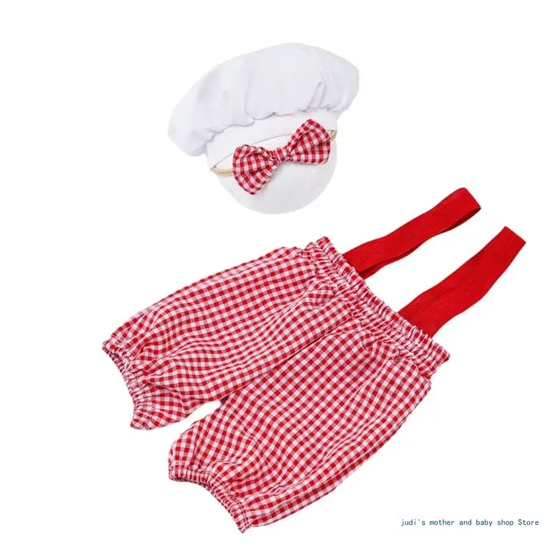 3Pcs Adorable Newborns Photography Props Cook Themed Strap Pants and Hat Set