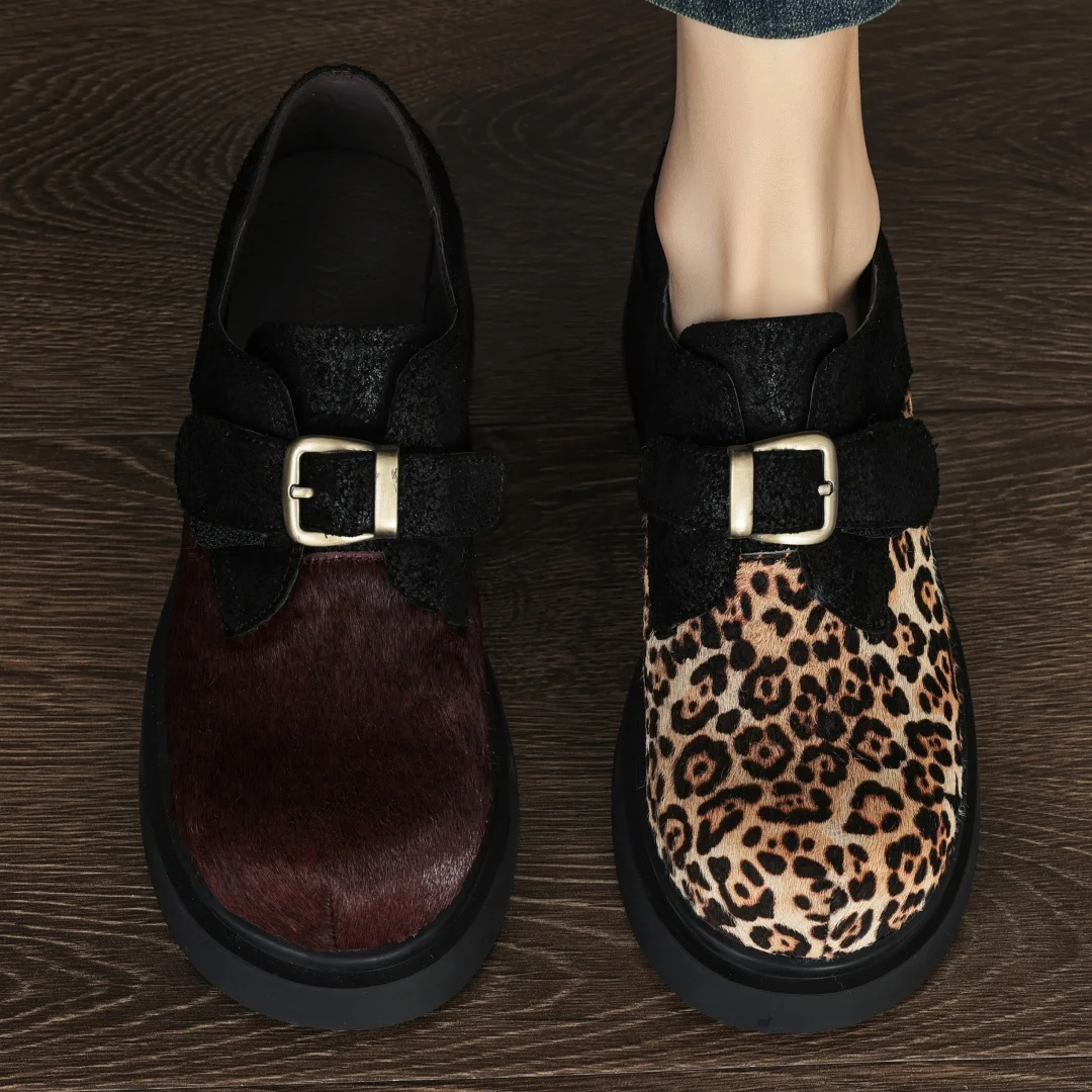 Women's cow leather horsehair patchwork metal buckle slip-on thick sole platform flat loafers high quality leopard moccasins hot