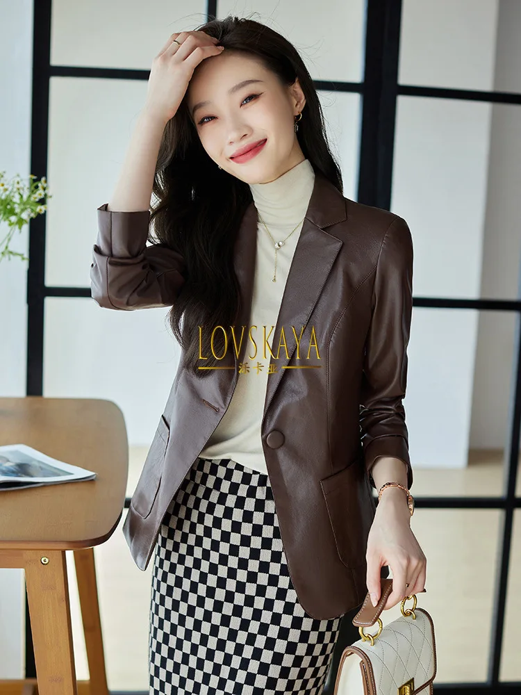 New small and short leather jacket Korean casual small suit coffee colored suit jacket for women