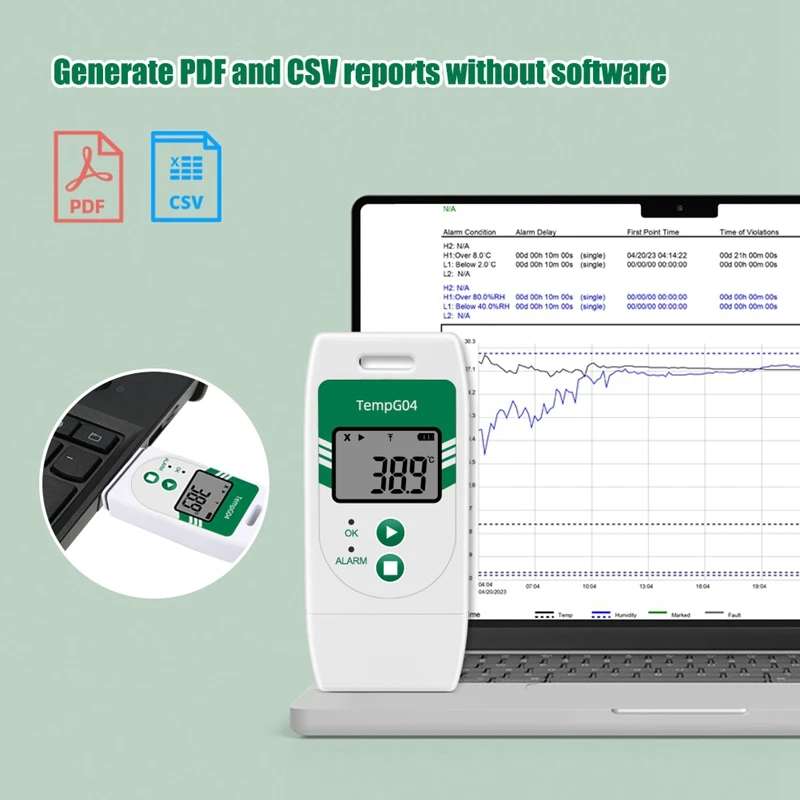 Tempg04 USB Temperature Data Logger Export To CVS&PDF 32000 Points Capacity For Fruit Vegetable Lab Cold Chain Transport