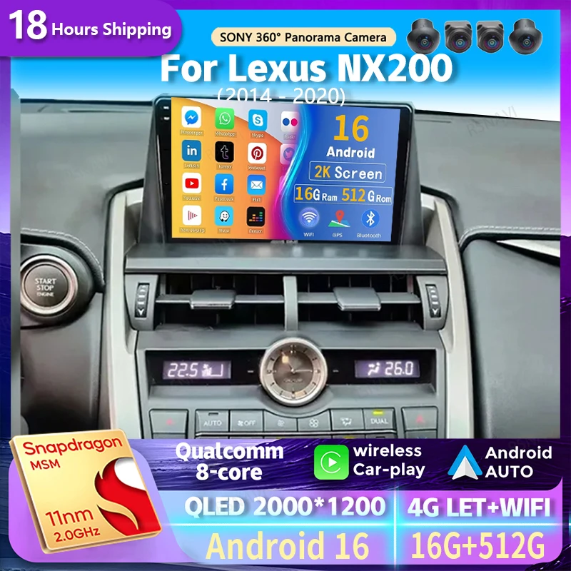 Android 16 Carplay Car Radio For Lexus NX200 Z10 NX 200 2014 - 2020 Navigation Multimedia Player Stereo 5GWiFi+4G BT video Auto