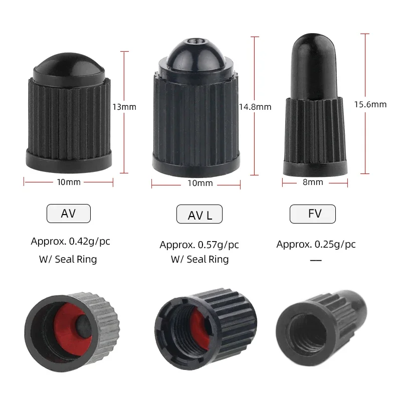 AV FV Threaded Caps for Schrader Presta Nozzles of Auto Cars Bicycle Motorcycles Scooters Valves Plastic Lid Optional Seal Ring