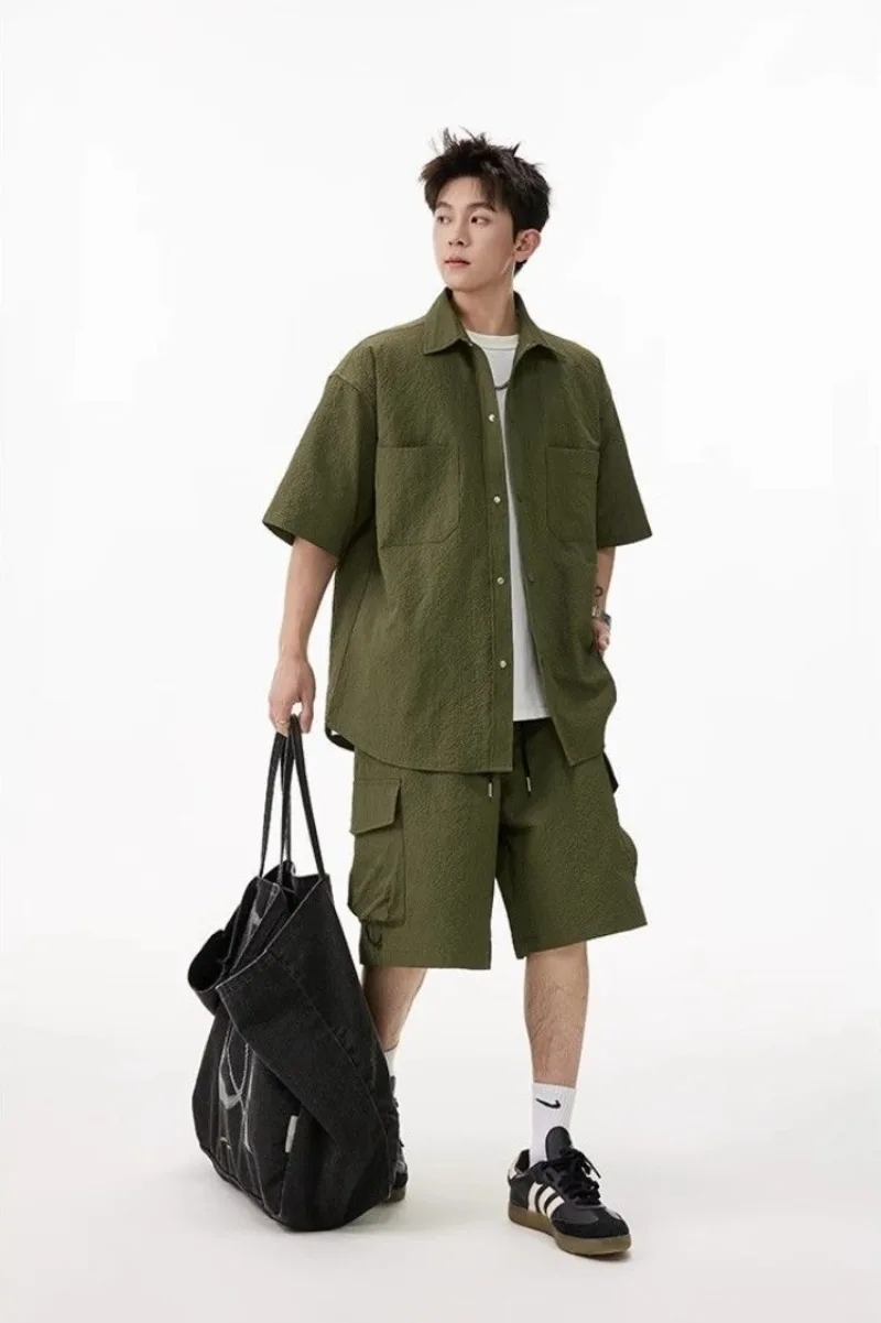 

Men Bubble Crepe Casual Short Sleeve Set Summer Navy Blue Short Sleeve Shirt Shorts Two Piece Outfit