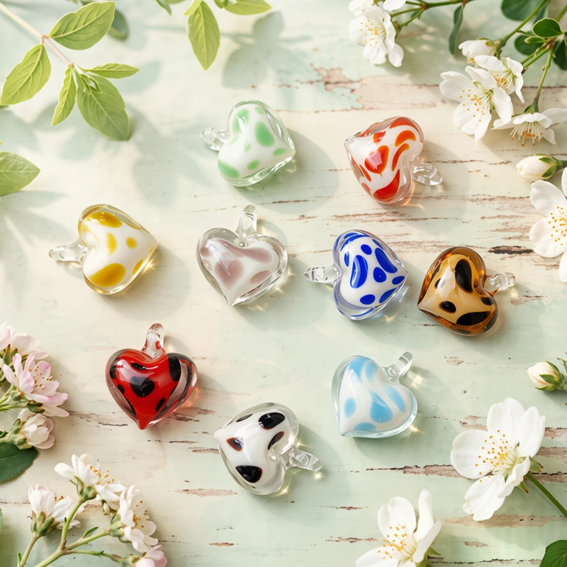 Colorful Mini Glass Heart Shape Pendant Creative Cute Love Charm Ornament for DIY Jewelry Making Accessories for Handmade Lovers