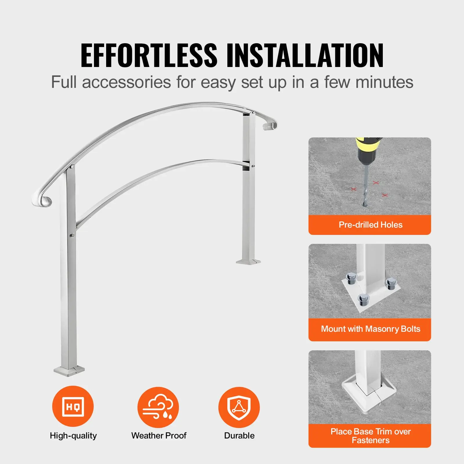 Handrails for Outdoor Steps, Fit 1 or 3 Steps Outdoor Stair Railing, White Wrought Iron Handrail, Flexible Front Porch Hand Rail, Transitional Handrails for Concrete Steps or Wooden Stairs