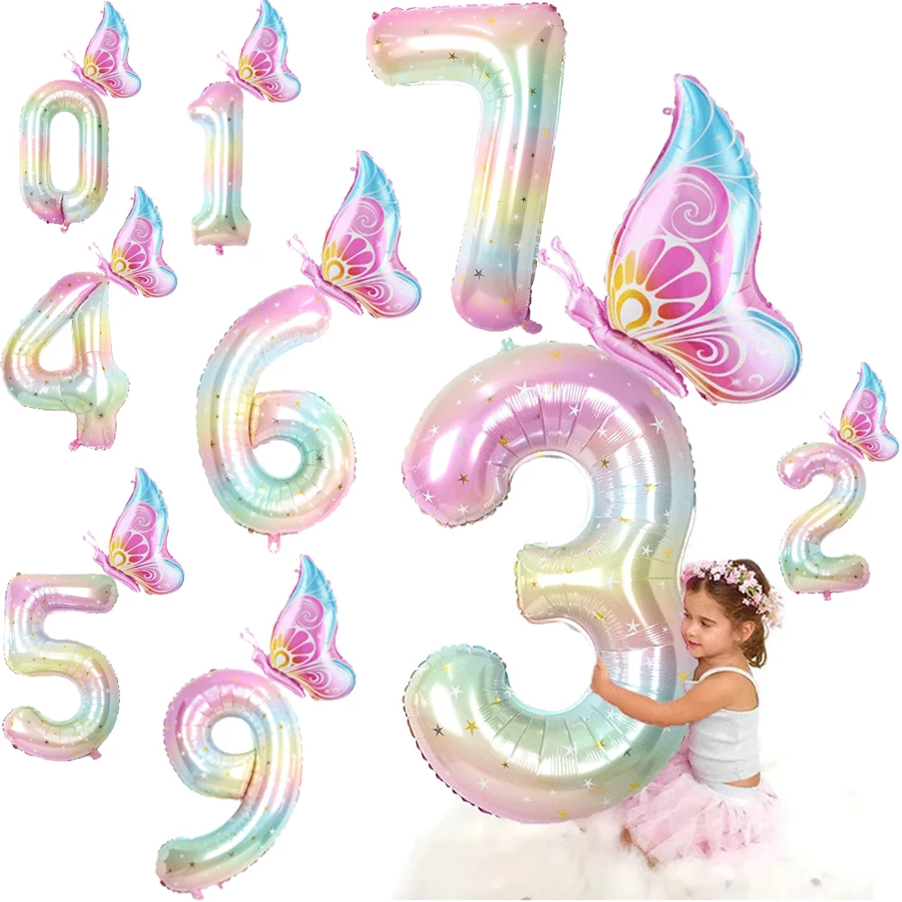 40Inch Colorful Gradient Number Balloon 0-9 Digit Foil Helium Balloon Butterfly Girl Birthday Party Decor Baby Shower Kids Gifts