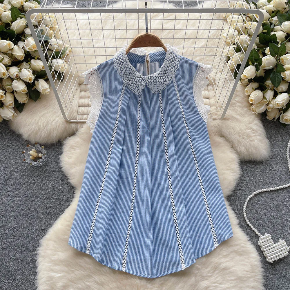 French Elegant Little Flying Sleeve Shirt Top Women's Summer Casual Loose Lace Hook Flower Retro Blue Striped Blouse Tops