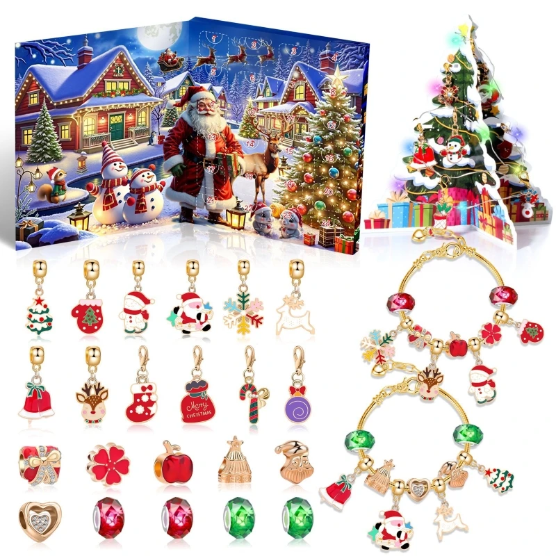 

DIY Christmas Bracelet Kit 24 Day Countdown Advent Calendar Blind Box with Crystal & Santa Charm for Kids, Party Festival Gifts