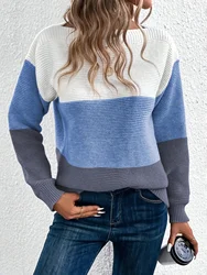 2024 New Autumn Contrast Color Slash Neck Pullover Sweater for Women Patchwork Casual Loose Knitted Pullover Lady Basic Knitwear