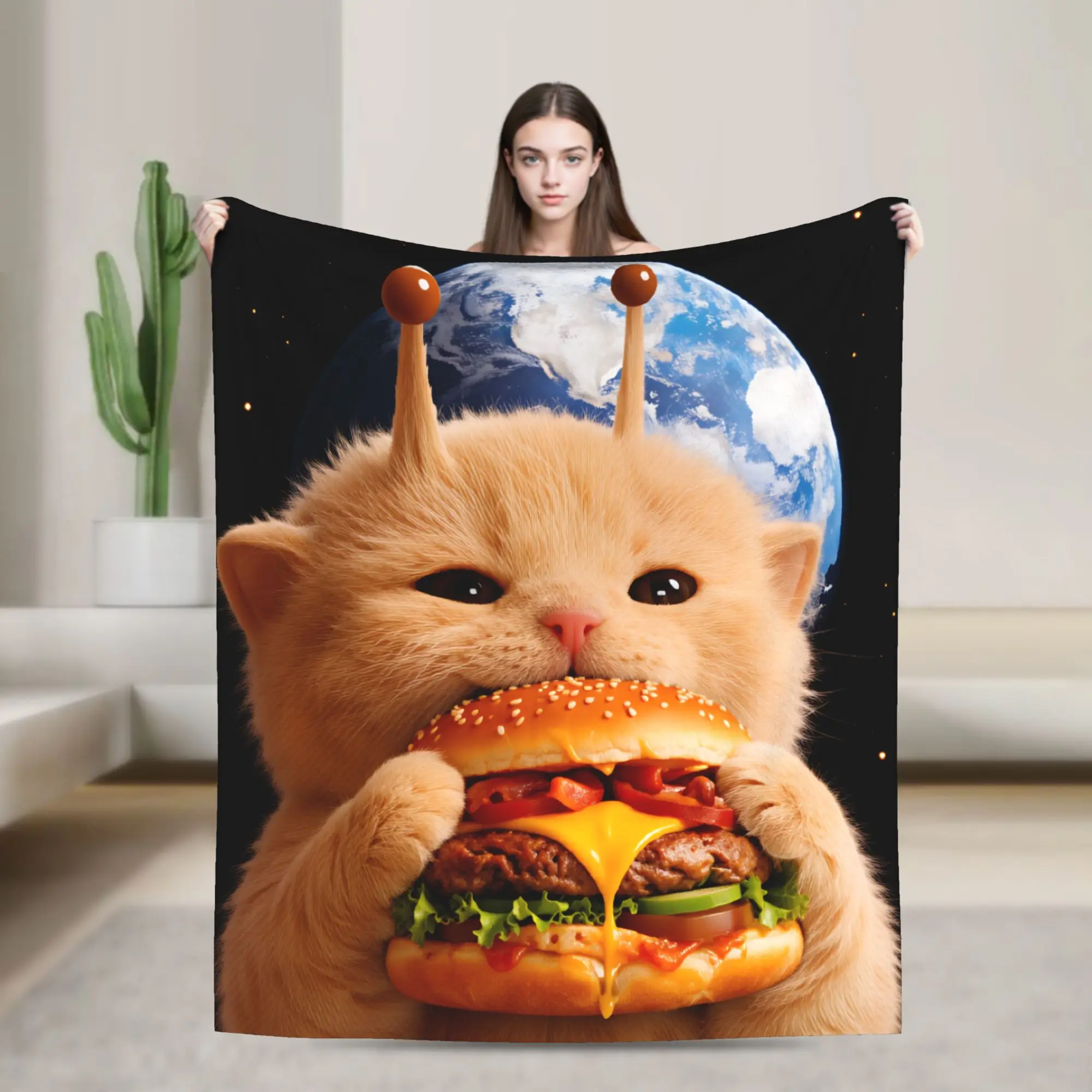 Space Burger Aliens Cat Blankets Quality Cozy  Bedding Throws Winter Travel Car Bedroom Trend Bedspread