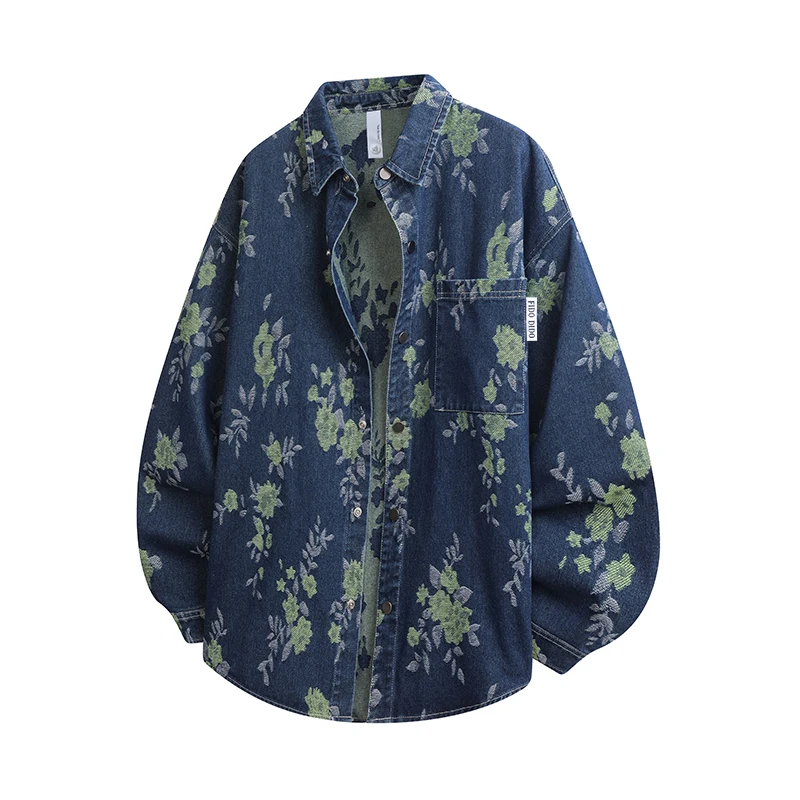 

Fashionable Denim Shirt Casual Long Sleeve Men's American Style Workwear Jacket Spring Autumn Vintage Floral Embroidery