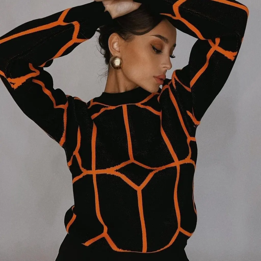

Women's round Neck Pullover Sweater Geometric Knitted Independent Station Top for European And American Export Fashion