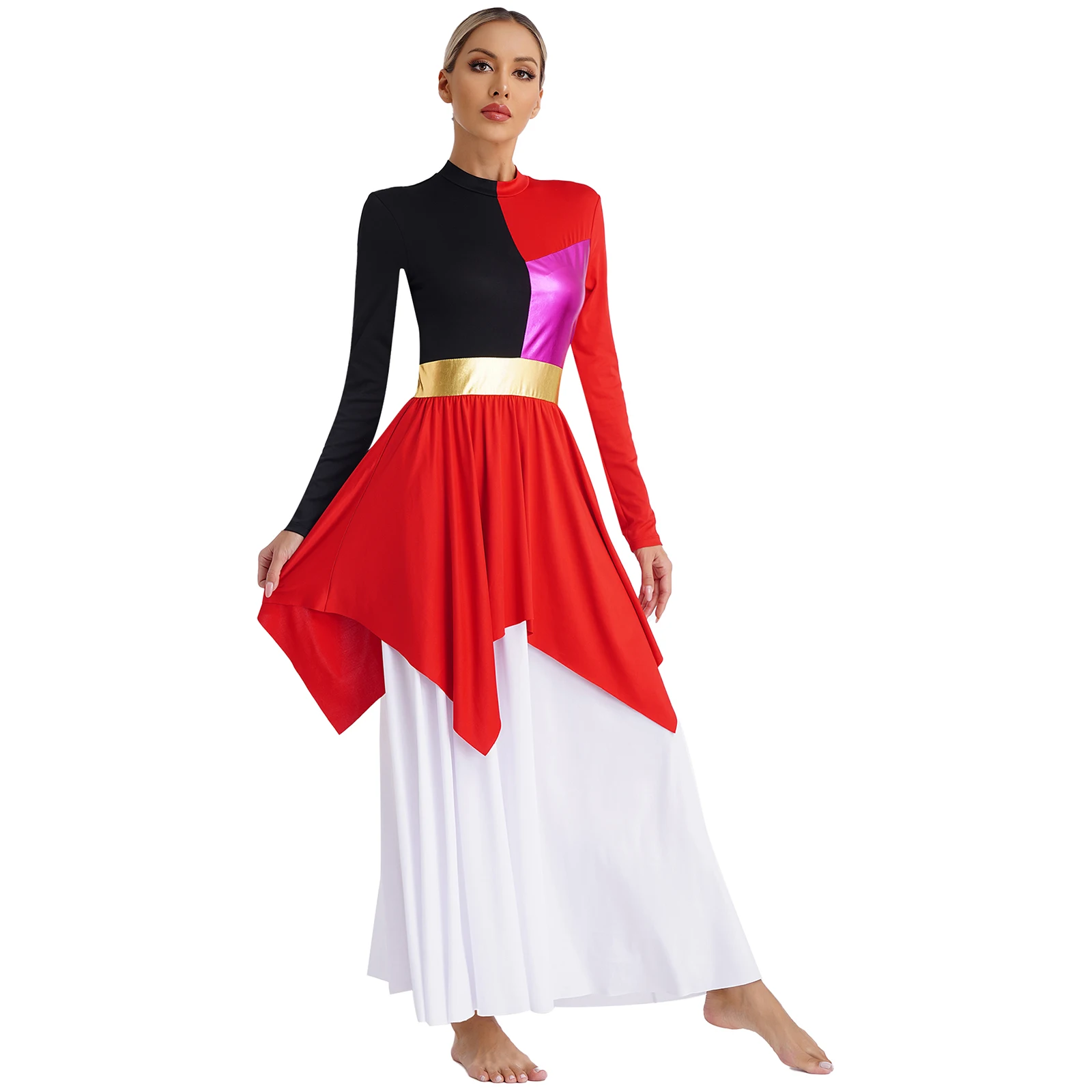 Damen Anbetung Liturgisches Kostüm Metallic Patchwork Langarm Maxikleid Chor Performance Dancewear Lyrische Tanzkleider