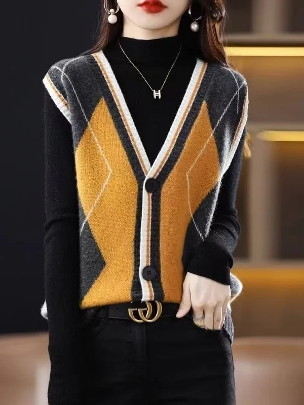 Women's Loose Knitted Vest Sleeveless Open Cardigan Bottoming Color Block Warm Fleece Inner Wear Casual Versatile Top