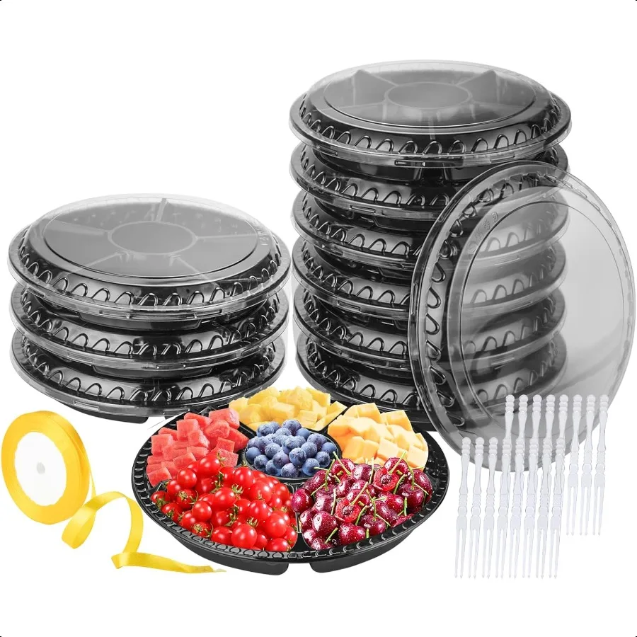 

Plastic Appetizer Tray with Lid Heavy DutyRecyclable 12 in. Veggie Fruit Snacks Trays Disposable Food Storage Containers 10 Pcs