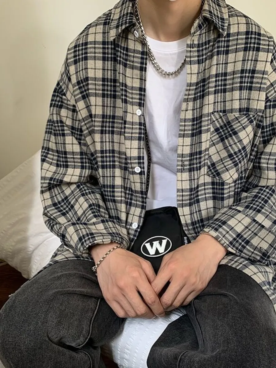 

Retro Plaid Long Sve Men's irt Casual Sli Korean Loose Spring Autumn Student Casual Hong Kong Sle id Pattern Out...