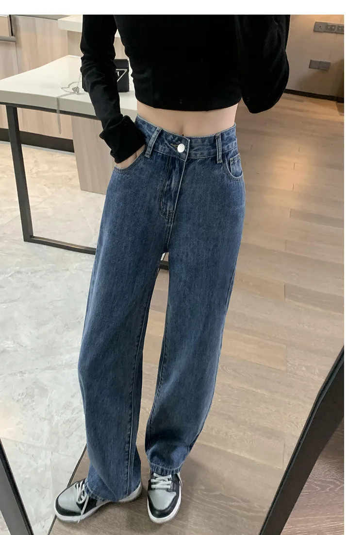 Jeans de cintura alta feminina, design simples e largo, estilo coreano, vintage, calça diária de faculdade, perna larga que combina com tudo, moda