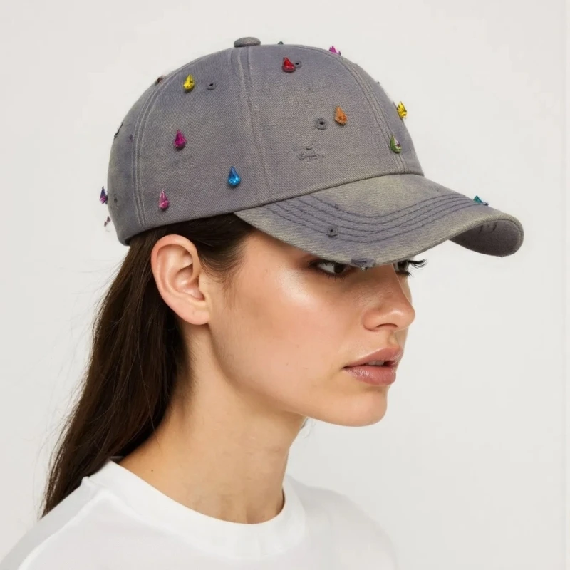 X5XA Rhinestones Baseball Hat Fashion Denims Hat Retros Street Hat Sunshades Hat