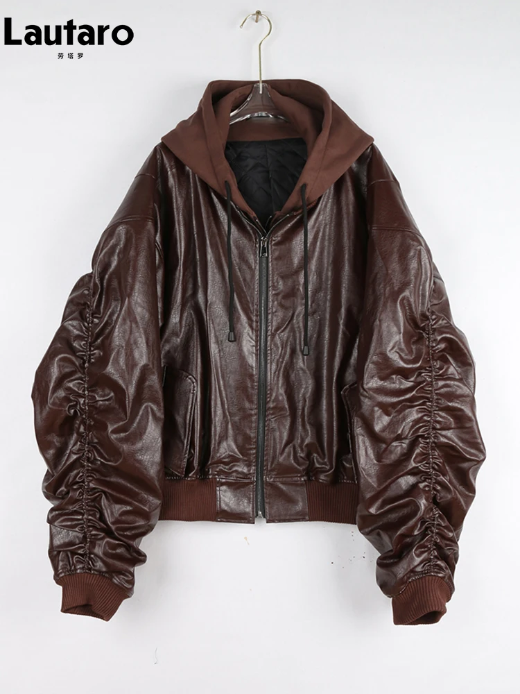 Lautaro Autumn Winter Oversized Thickened Warm Red Black Pu Leather Jacket Men Luxury Designer Unisex Clothes Cool Grey Hoodie