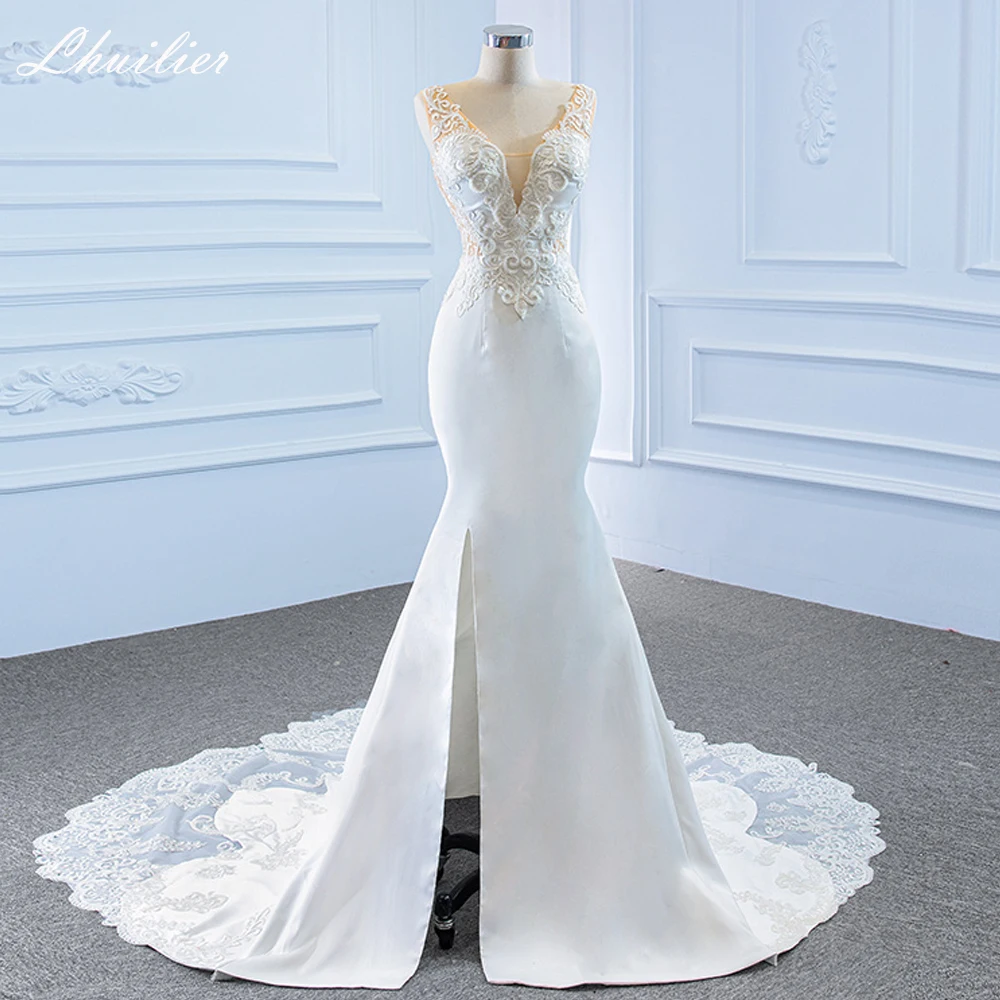 Lhuilier-Robes de mariée sirène en satin à col en V personnalisées, longueur au sol en fibre, train court, patients perlés, quoi que ce soit avec fente