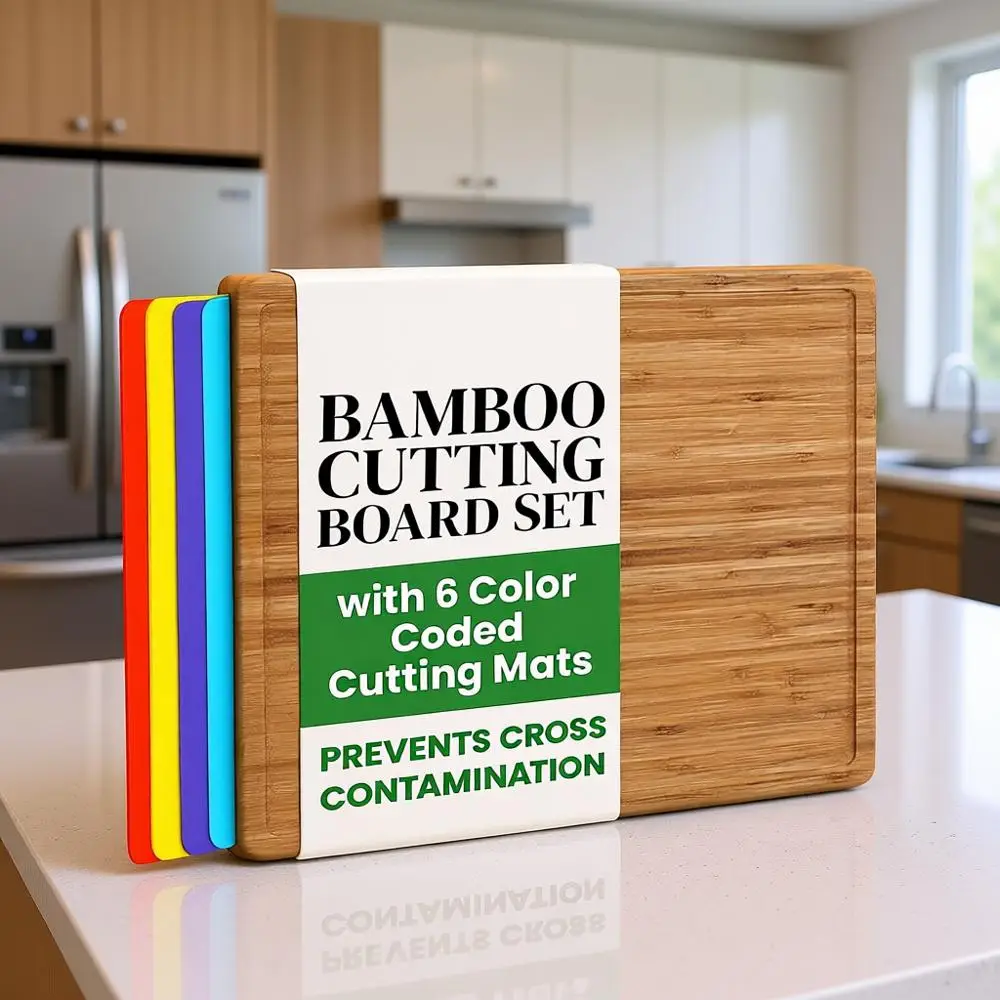 

Color-Coded Flexible Plastic Chopping Mats Set with Bamboo Wood Cutting Board, Non-Toxic & Dishwasher Safe for Kitchen Use
