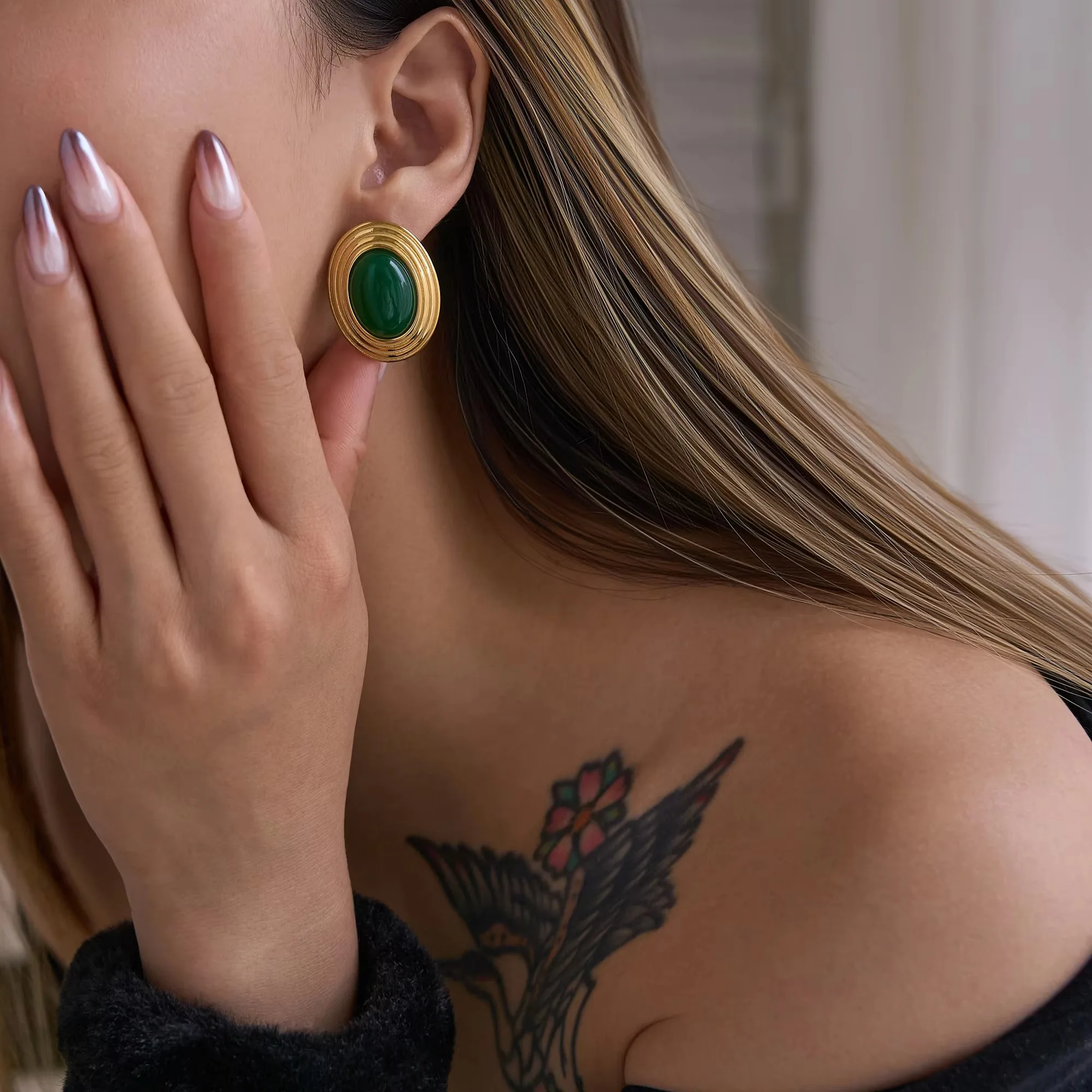 Fashion Vintage Oval Black Natural Stone Stud Earrings for Women 18k Gold Plated Stainless Steel Tarnish Free Waterproof Jewelry